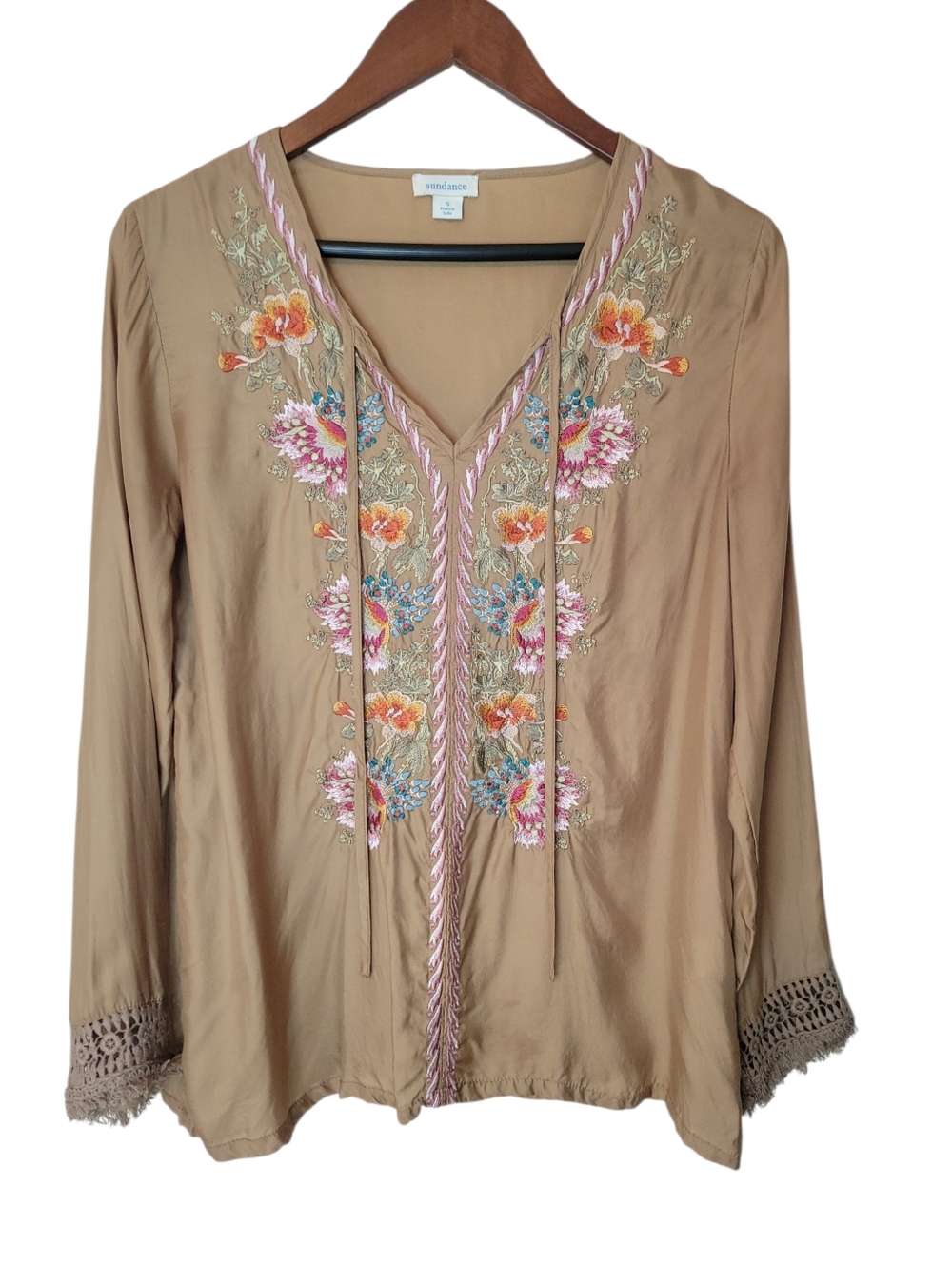 Sundance Embroidered Boho Peasant Blouse Cupro Fringe Hem Small